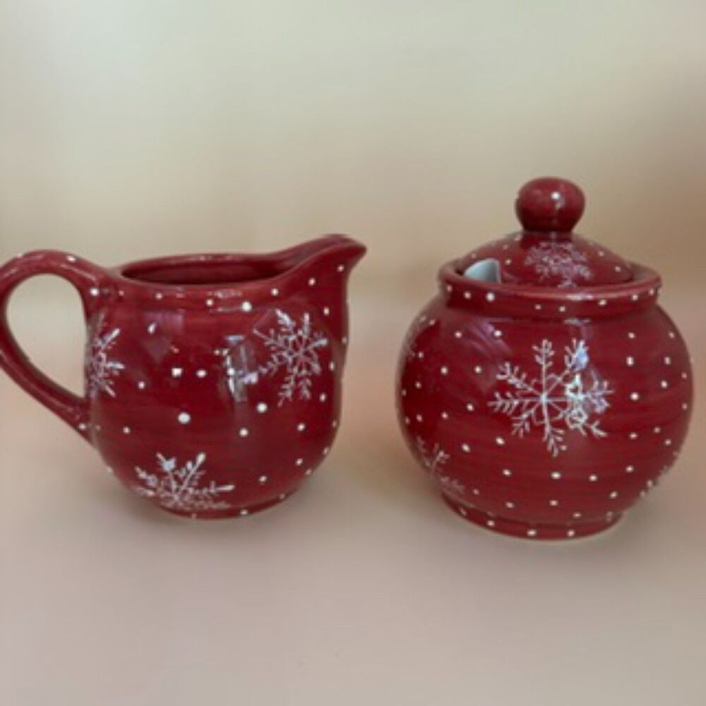 Laurie Gates Ware Red Snowflake Ceramic Creamer & Sugar Bowl Set with Lid